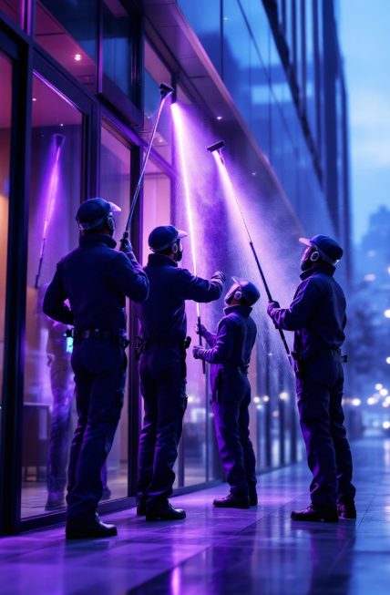 Night scene of exterior cleaning